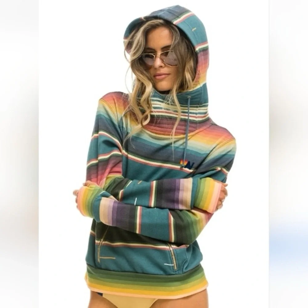 Aviator Nation Teal and Pink Striped Hoodie - Picture 2 of 4
